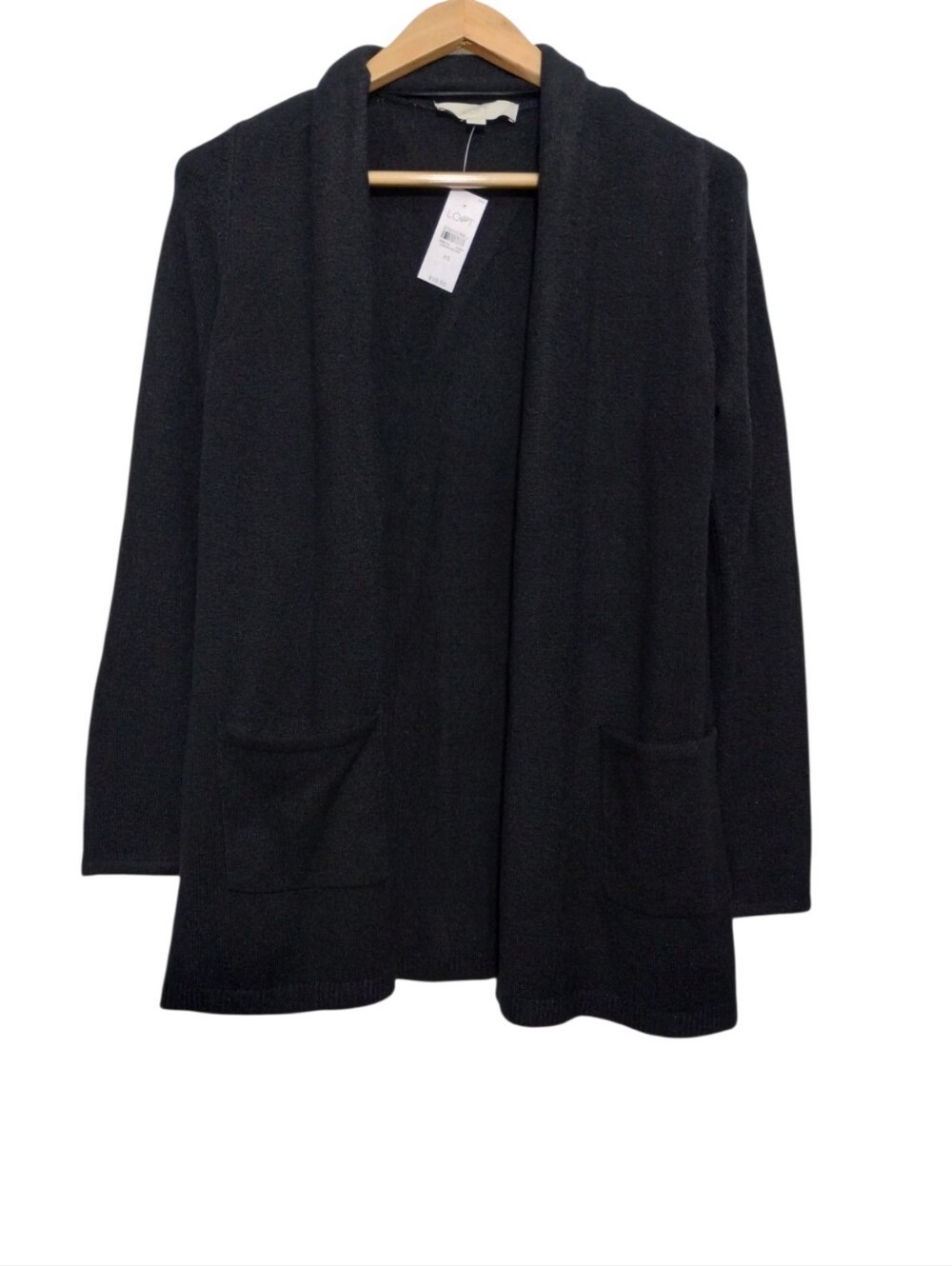 LOFT Black Open-Front Pocket Cardigan Women's XS Knit Minimalist Academia Preppy